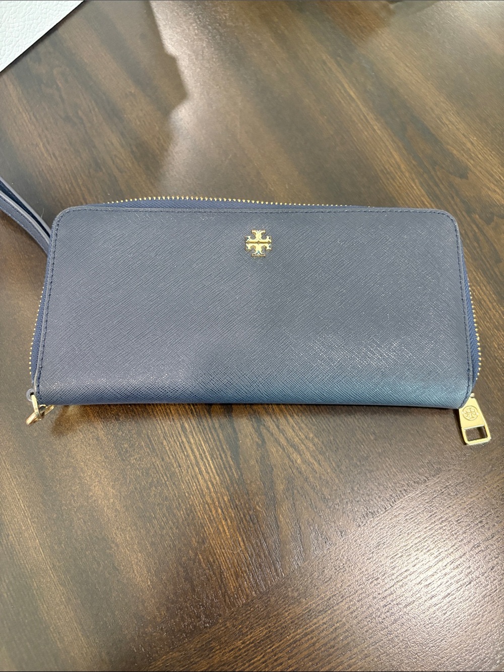 Tory Burch Navy Saffiano Zip-Around Wristlet Wallet with Gold Logo